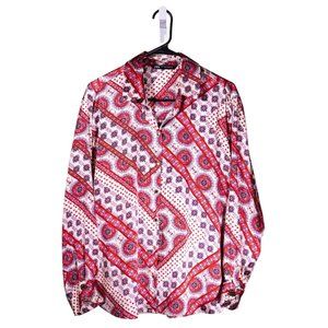 Zara Women's Shirt Button Up Geometric Floral Boho Elegant Satin Blouse Top L